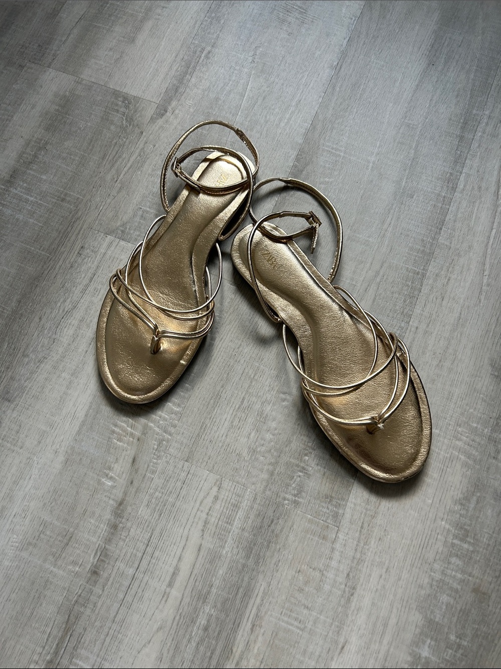 Zara Metallic Gold Strappy Flat Sandals  Sz 37